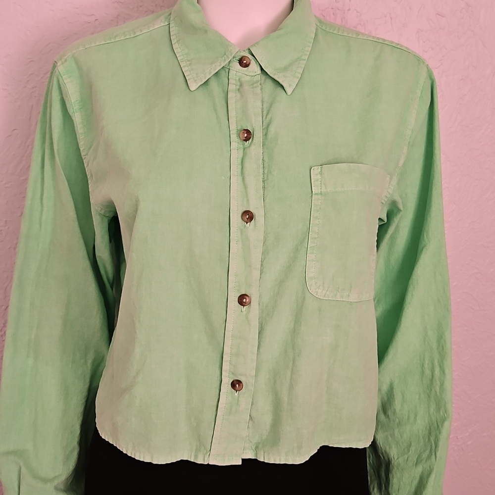 UNIVERSAL THREAD Lime Green Linen Blend Cropped Long Sleeve Shirt - Picture 4 of 7